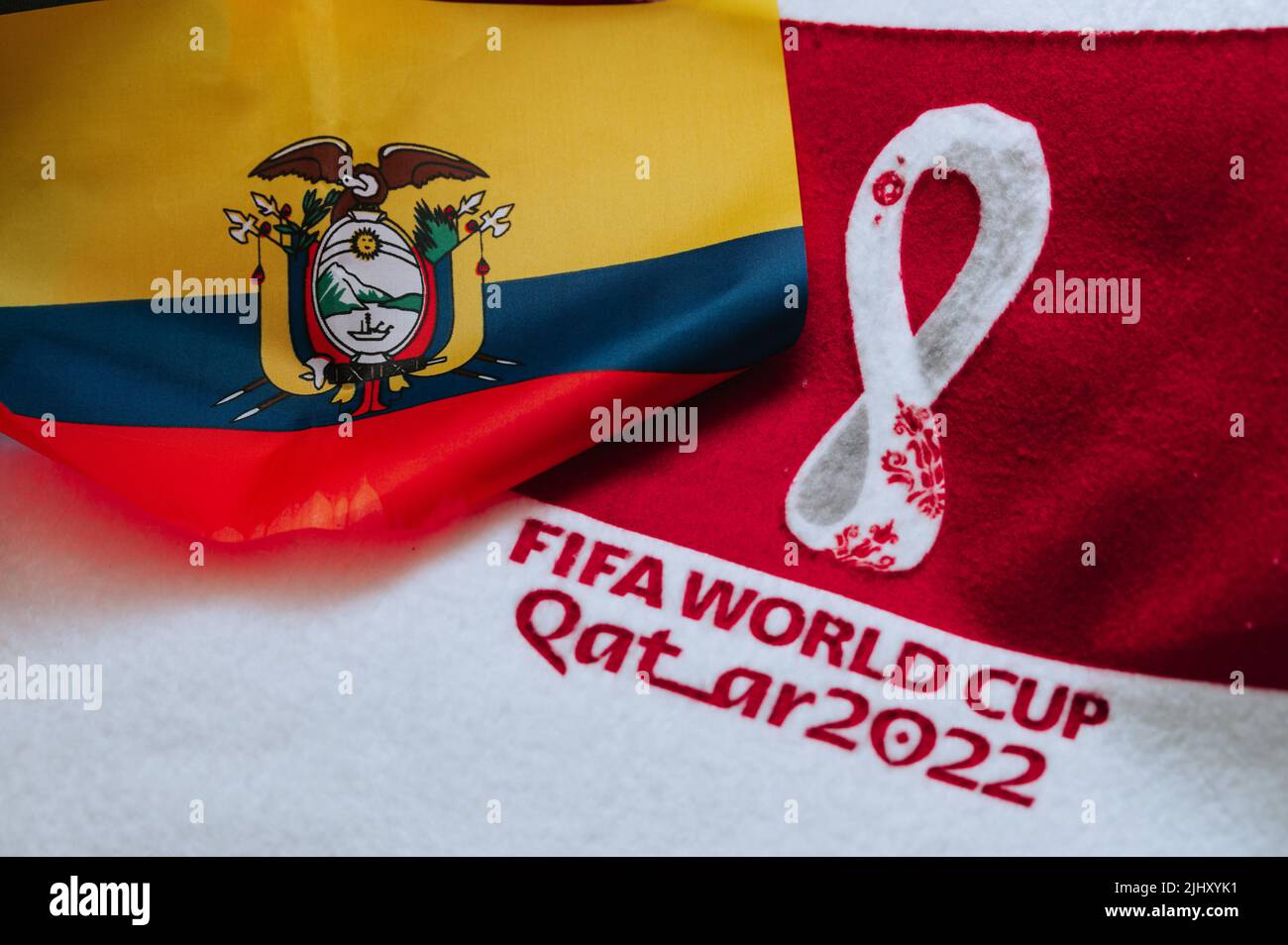 QATAR, DOHA, 18 JULY, 2022: Ecuador National flag and logo of FIFA World Cup in Qatar 2022 on red carpet. Soccer sport background, edit space. Qatar 2 Stock Photo