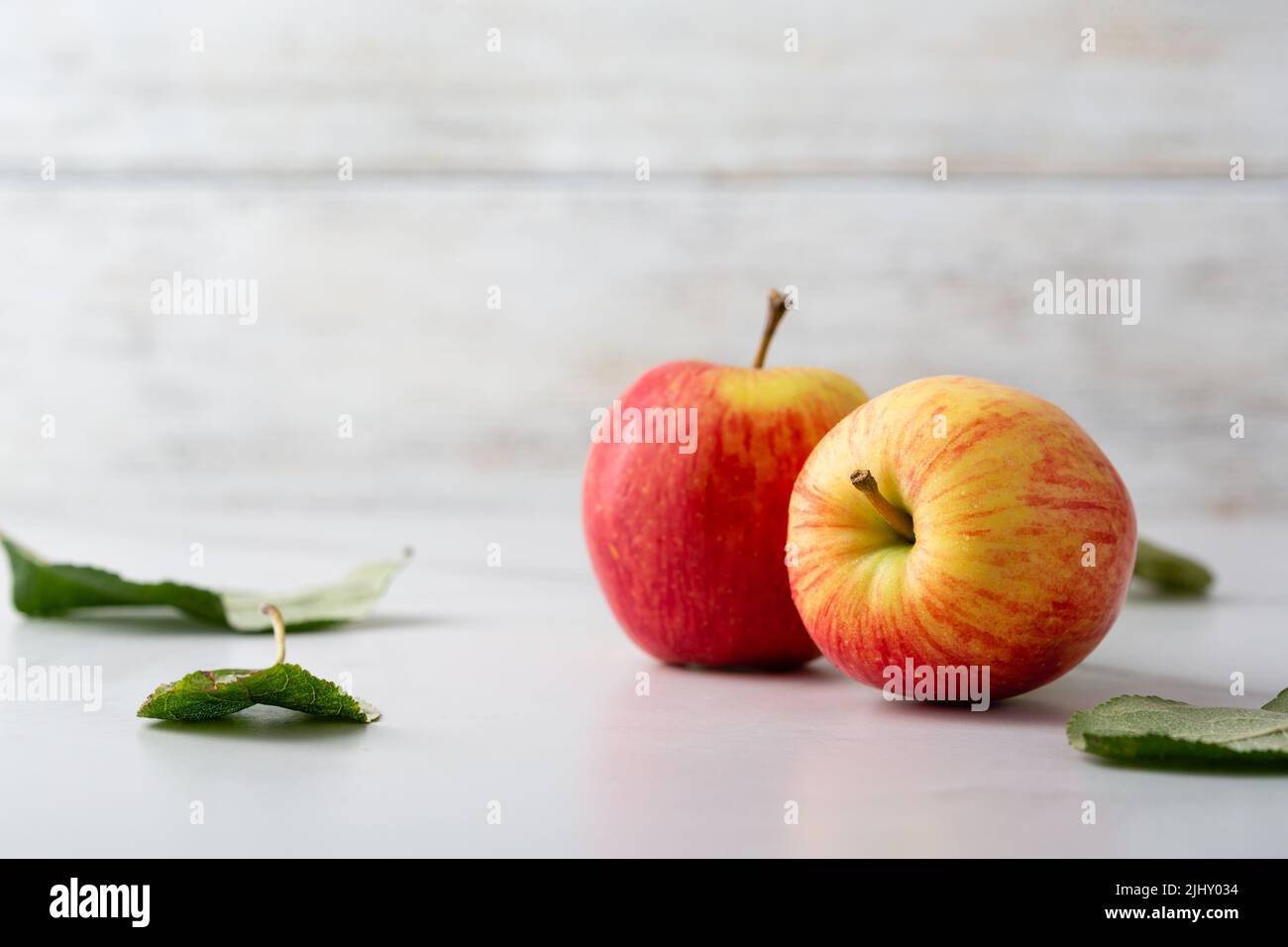 Two fresh organic apples on light surface harvest concept food Stock Photo