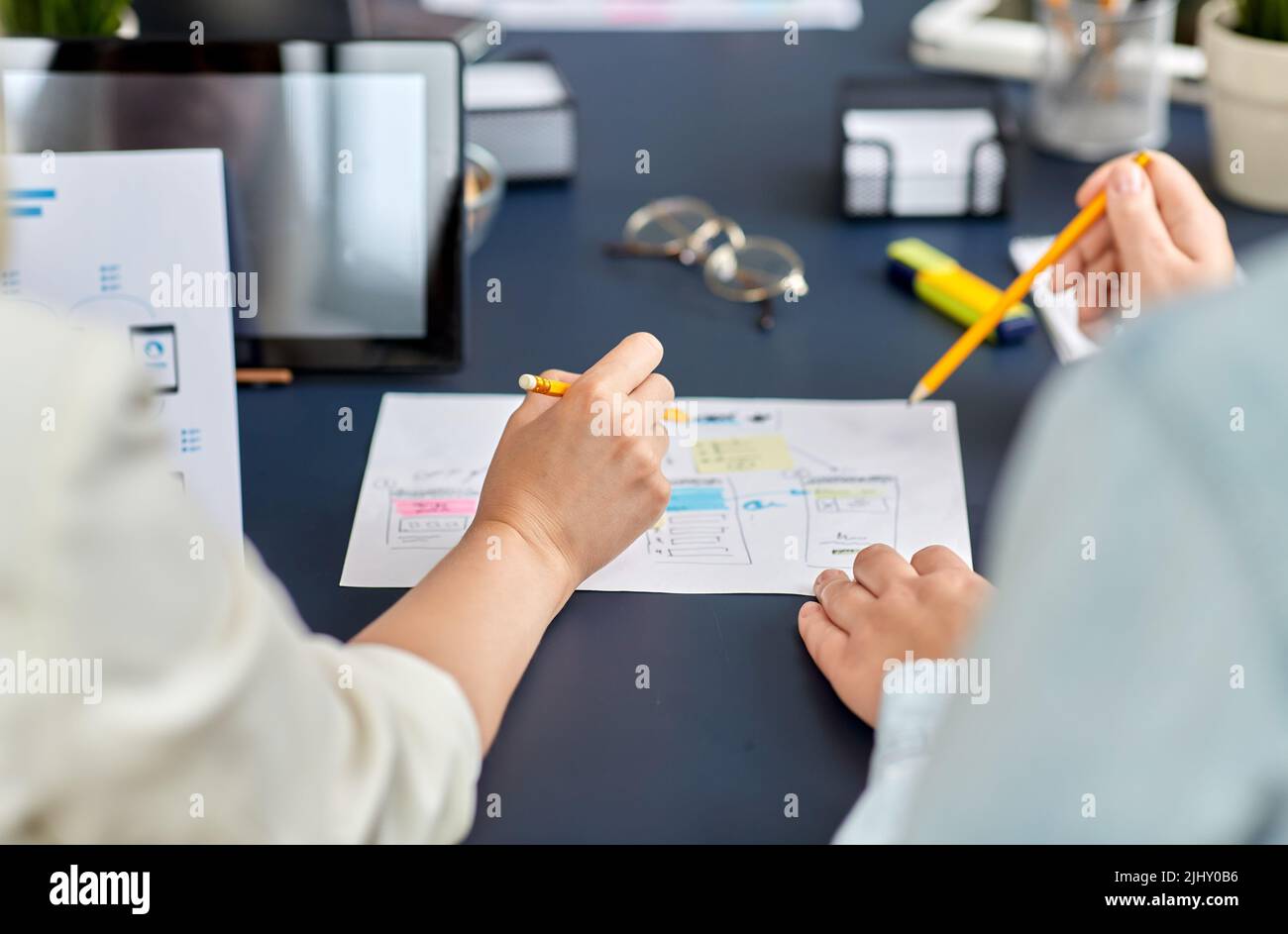 business team with gadgets working at office table Stock Photo