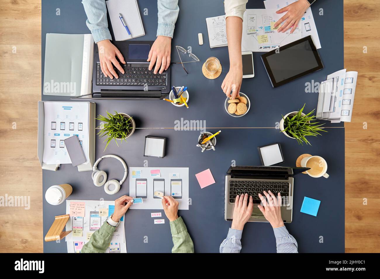 business team with gadgets working at office table Stock Photo