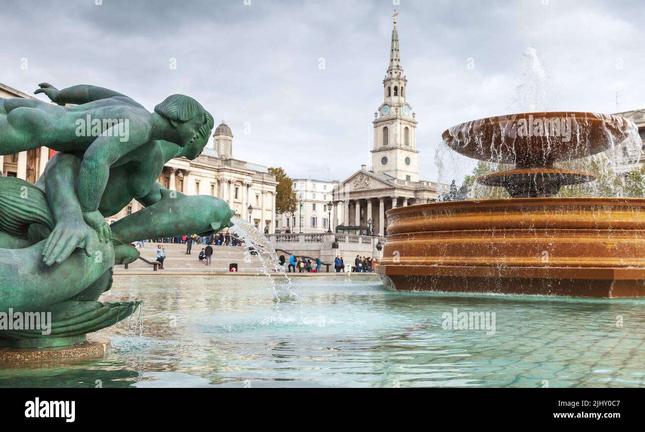 Fountain at the Trafalgar Square in London, United Kingdom Stock Photo