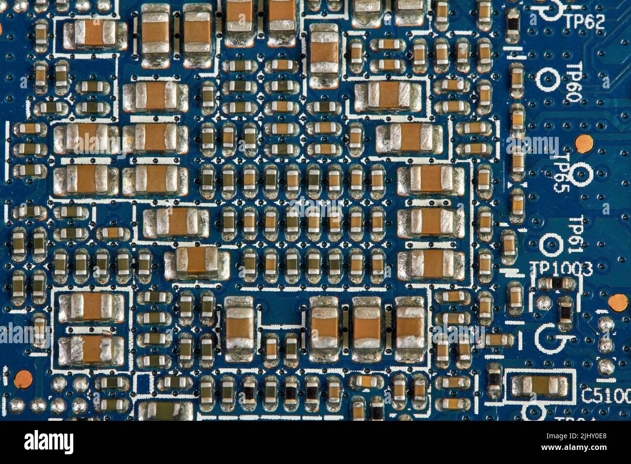 Resistors, capacitors, transistors on an electronic computer printed