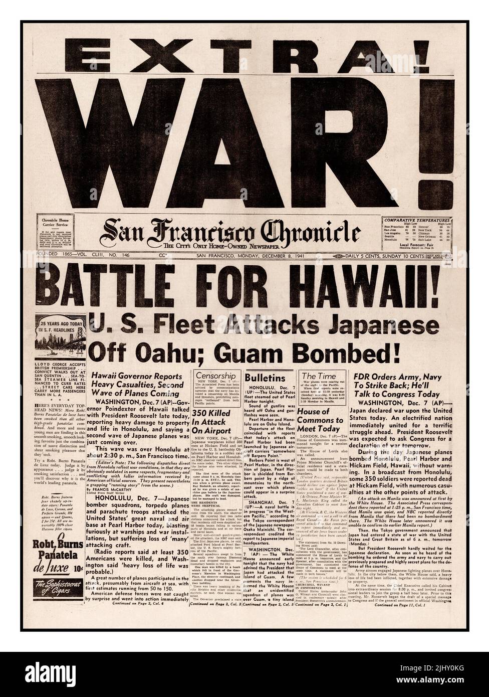 PEARL HARBOR Newspaper Headline 'WAR' Battle for Hawaii.. Dec 8th 1941 San Francisco Chronicle WW2 Start of World War II for The United States against Imperial Japan Stock Photo