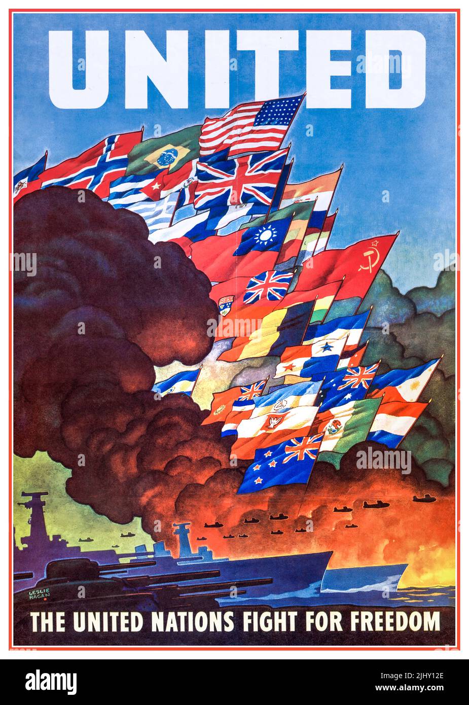 Vintage WW2 ' UNITED'  'UNITED NATIONS FIGHT FOR FREEDOM' Propaganda Poster WW2 created during the Second World War (1943), according to the Declaration of the United Nations of 1942. The Poster, created by United States Office of War Information and made by United States Government Printing Office. The poster features the flags of those countries or governments-in-exile that pledged to support the Allied effort.This poster is important because it represents the very origins of the United Nations as a wartime alliance, before it became an official post war entity Stock Photo