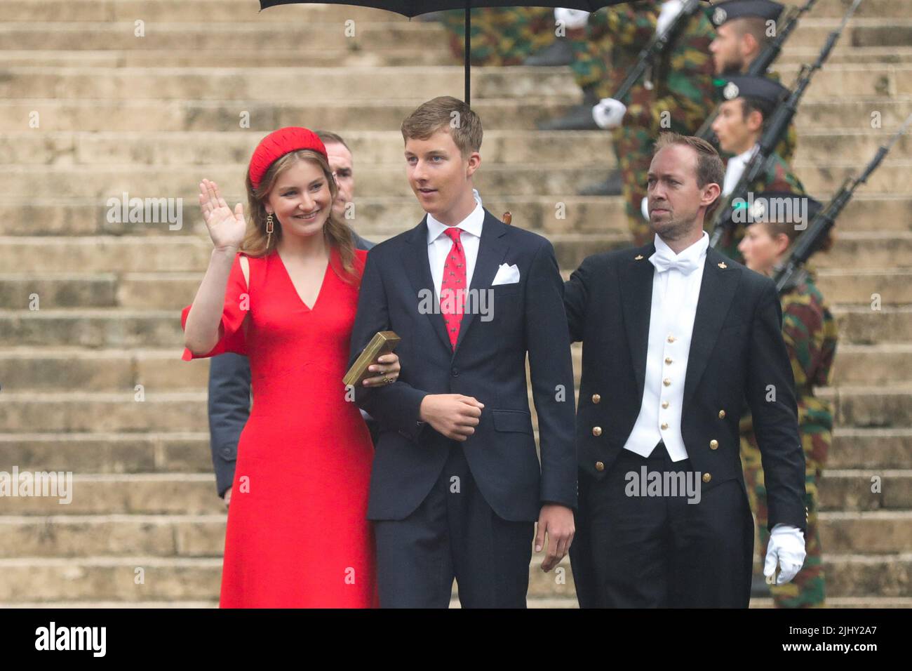 Brussels, Belgium. 21st July, 2022. Princess Elisabeth (L, front) and Prince Emmanuel of Belgium attend an event of Belgian National Day celebrations in Brussels, Belgium, July 21, 2022. Belgium celebrated its National Day on July 21. Credit: Zheng Huansong/Xinhua/Alamy Live News Stock Photo