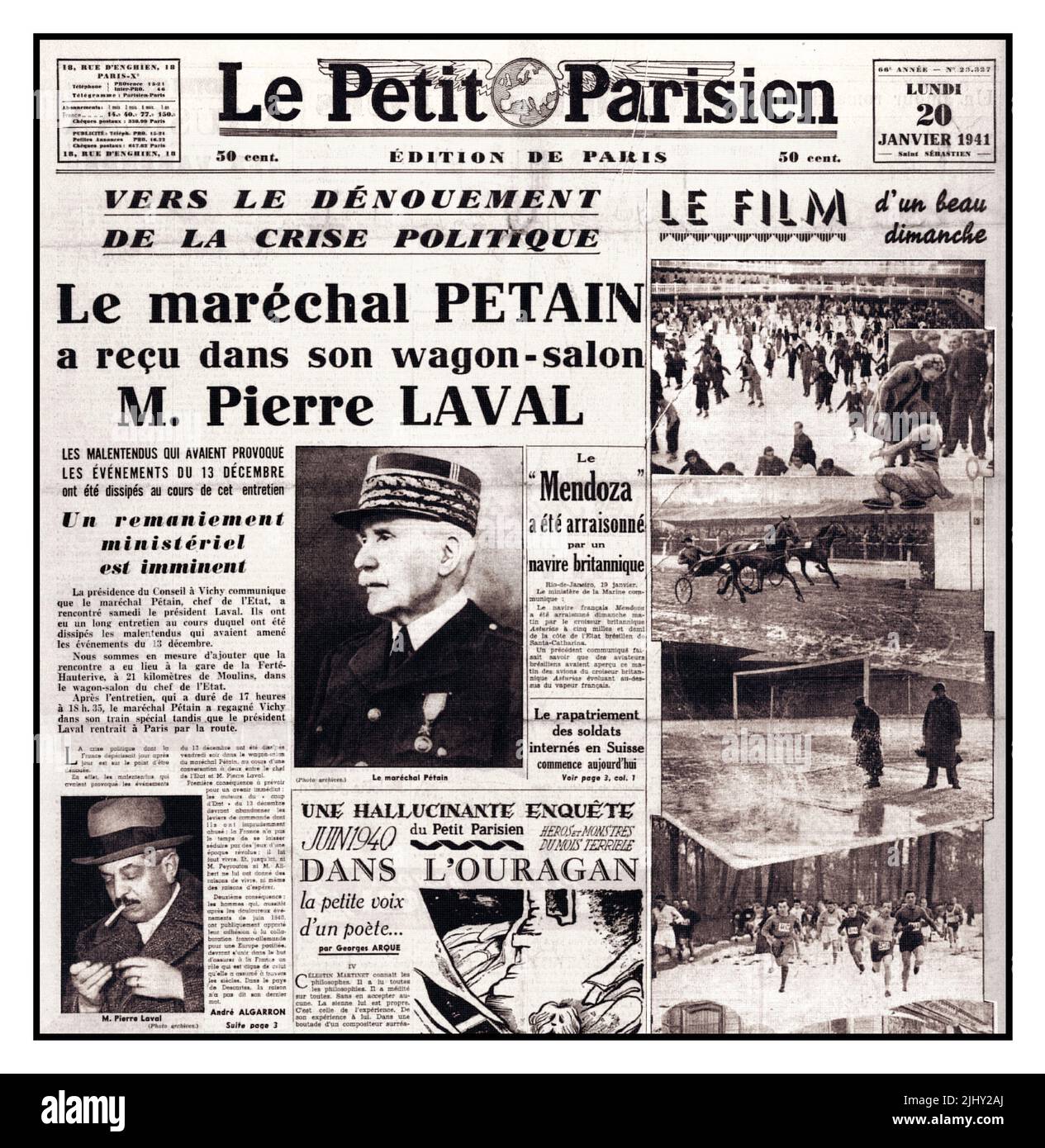 Paris WW2 Newspaper Headline 20th January 1941 Petain Laval Le Petit Parisien political actions of the Nazi collaborators Party Stock Photo