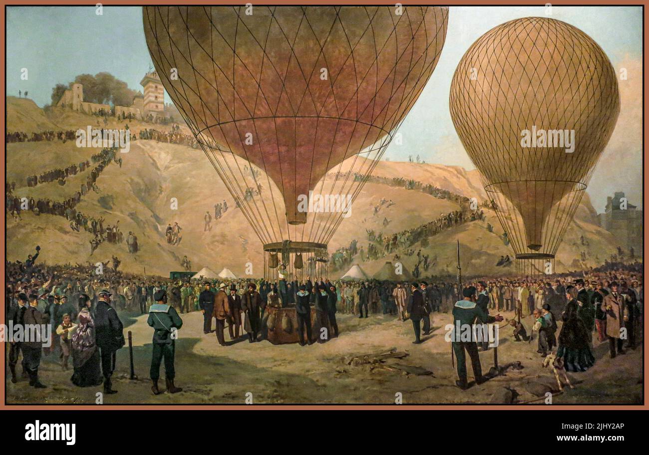 Vintage French Balloon Illustration Jules Didier (1831-1892) and Jacques Guiaud (1811-1876) Departure of Léon Gambetta for Tours on the balloon 'Armand-Barbès', October 7, 1870, in Montmartre Paris France Scenes from the siege of Paris. Departure of the Ballon Armand Barbès ridden by Gambetta, October 1870 Didier (1831-1892) and Jacques Guiaud (1811-1876) Départ de Léon Gambetta pour Tours sur le ballon l''Armand-Barbès', le 7 octobre 1870, à Montmartre Paris France Scènes du siège de Paris. Départ du Ballon Armand Barbès monté par Gambetta,  octobre 1870 Stock Photo