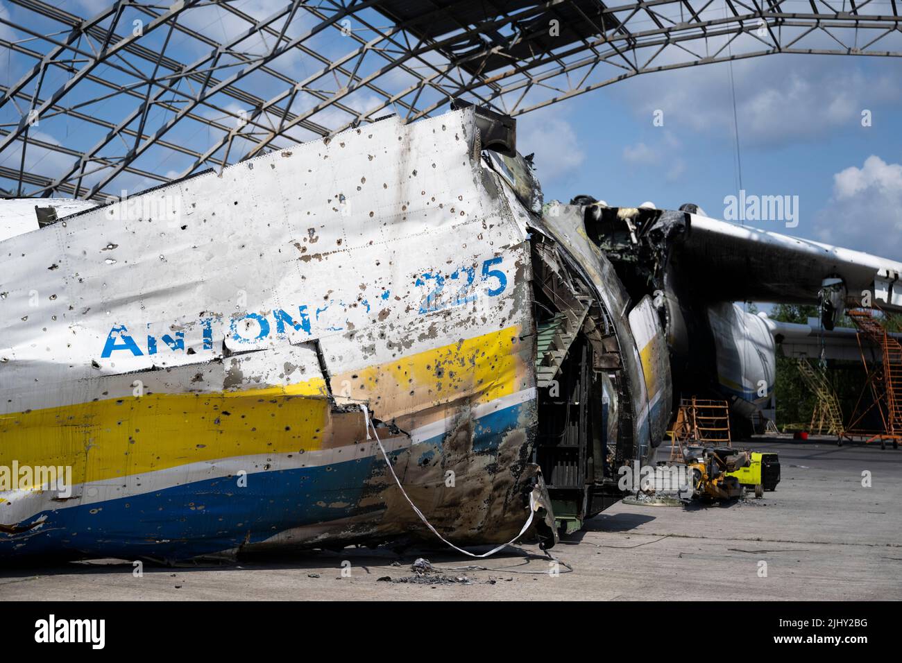 The wreckage of Antonov An225 Mriya (Dream) cargo plane, the world's
