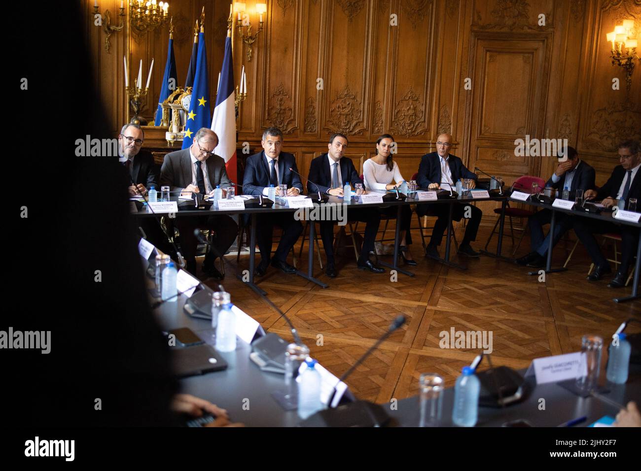 French Interior Minister Gerald Darmanin leads the strategic committee on the future of the French Mediterranean island of Corsica in Paris on July 21, 2022. Photo by Raphael Lafargue/ABACAPRESS.COM Stock Photo