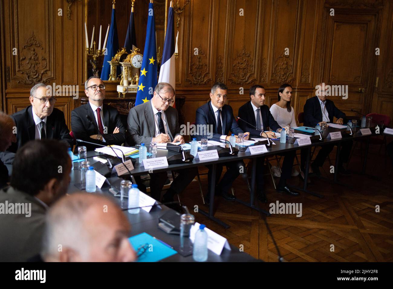 French Interior Minister Gerald Darmanin leads the strategic committee on the future of the French Mediterranean island of Corsica in Paris on July 21, 2022. Photo by Raphael Lafargue/ABACAPRESS.COM Stock Photo