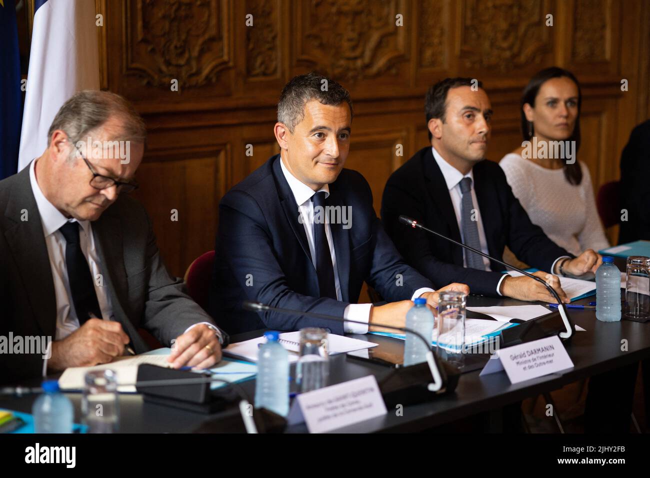 French Interior Minister Gerald Darmanin leads the strategic committee on the future of the French Mediterranean island of Corsica in Paris on July 21, 2022. Photo by Raphael Lafargue/ABACAPRESS.COM Stock Photo