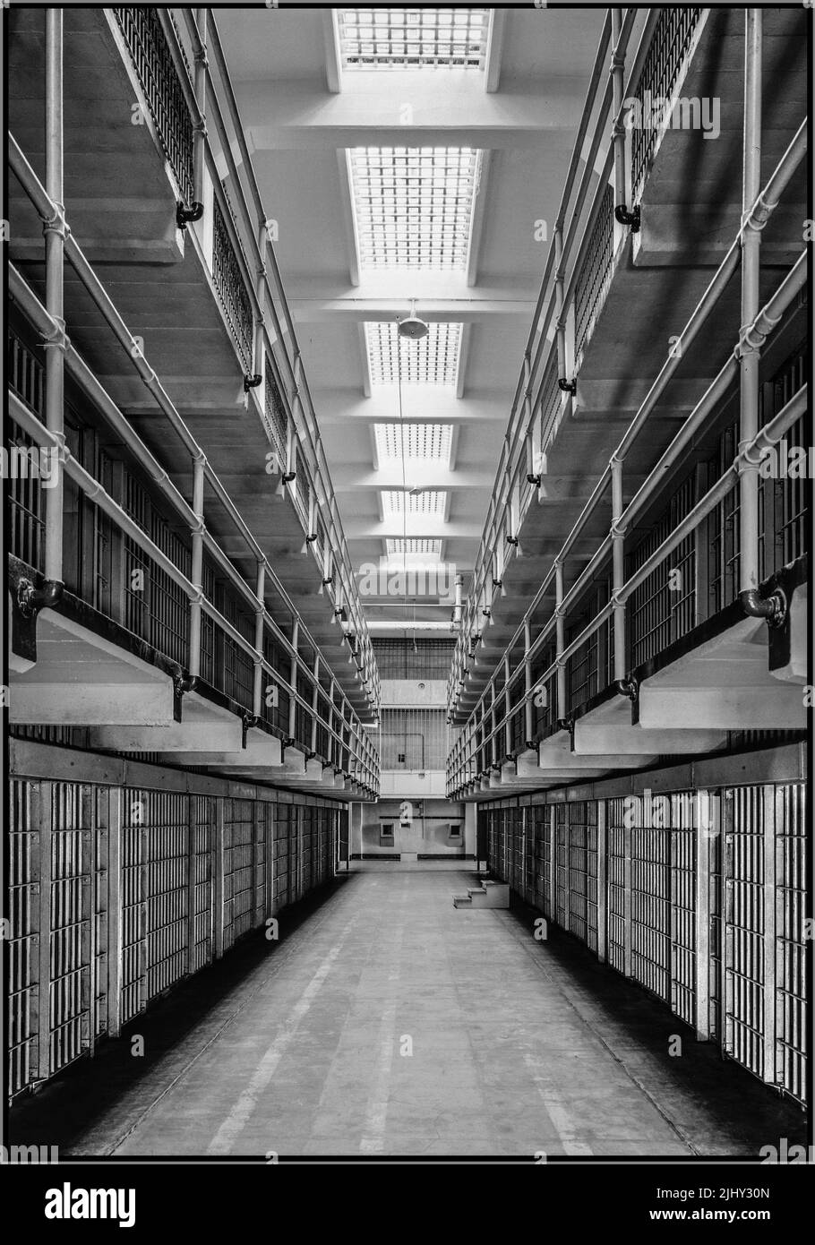 ALCATRAZ CELL BLOCKS INTERIOR VIEW LOOKING SOUTH BETWEEN CELL BLOCKS 'C' AND 'B', 'BROADWAY' - Alcatraz, Cell House, Alcatraz Island, San Francisco Bay, San Francisco, San Francisco County, CA Stock Photo