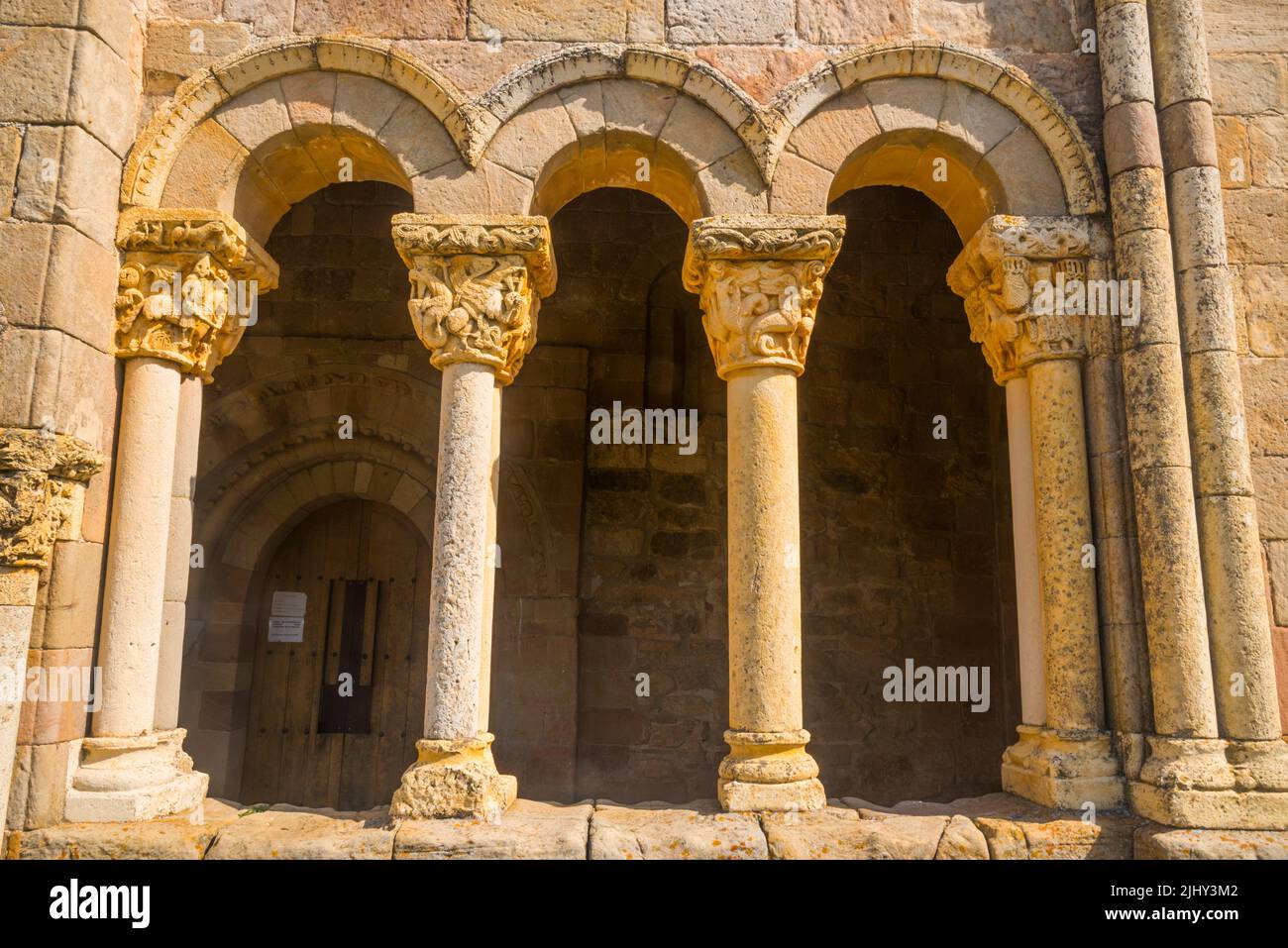 Romanesque atrium. San Julian and Santa Basilisa church, Rebolledo de la Torre, Burgos province, Castilla Leon, Spain. Stock Photo