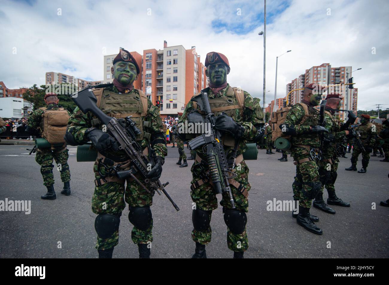 Colombian army special commandos pose for a photo during the 212 years of independence of Colombia military parade in Bogota, Colombia, July 20, 2022. Stock Photo