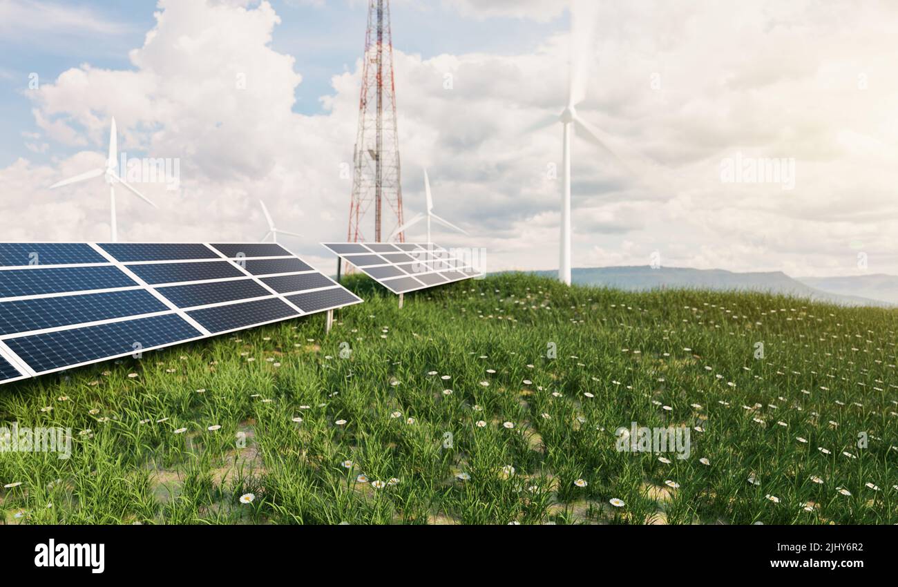 Wind mill with solar panels on small hill, green power and green energy ...
