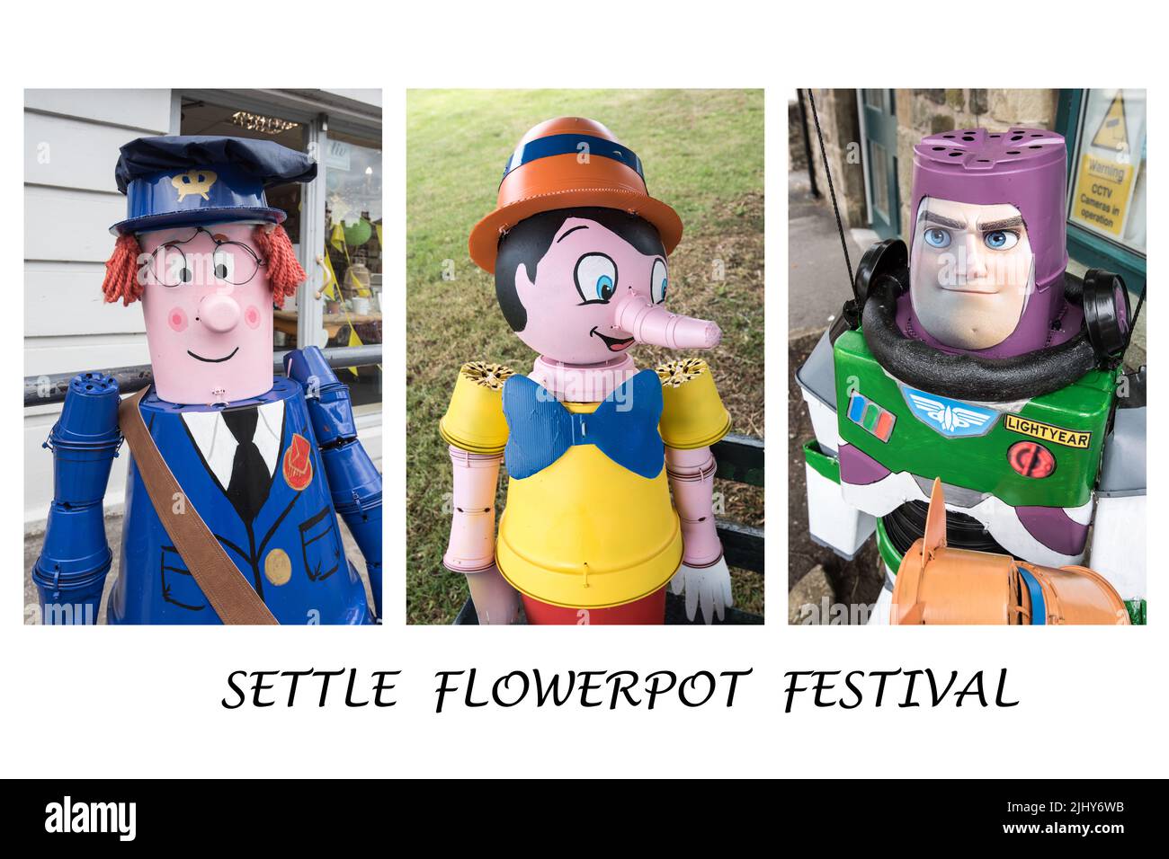 Triptych of characters from the Settle Flowerpot Festival 2022, in the market town of Settle in