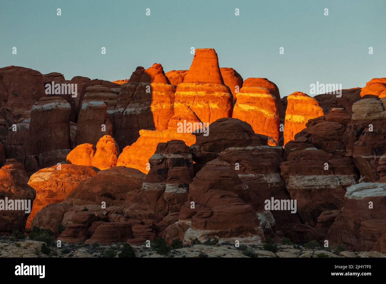 Sandstone formations at sunrise, Arches National Park, Utah Stock Photo