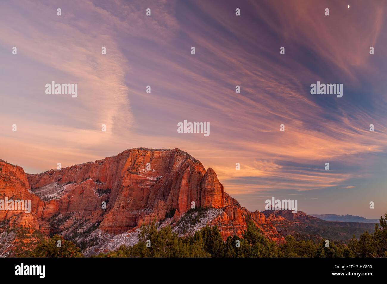 Sunset over Shuntavi Butte in the Kolob section of Zion National Park, Utah Stock Photo