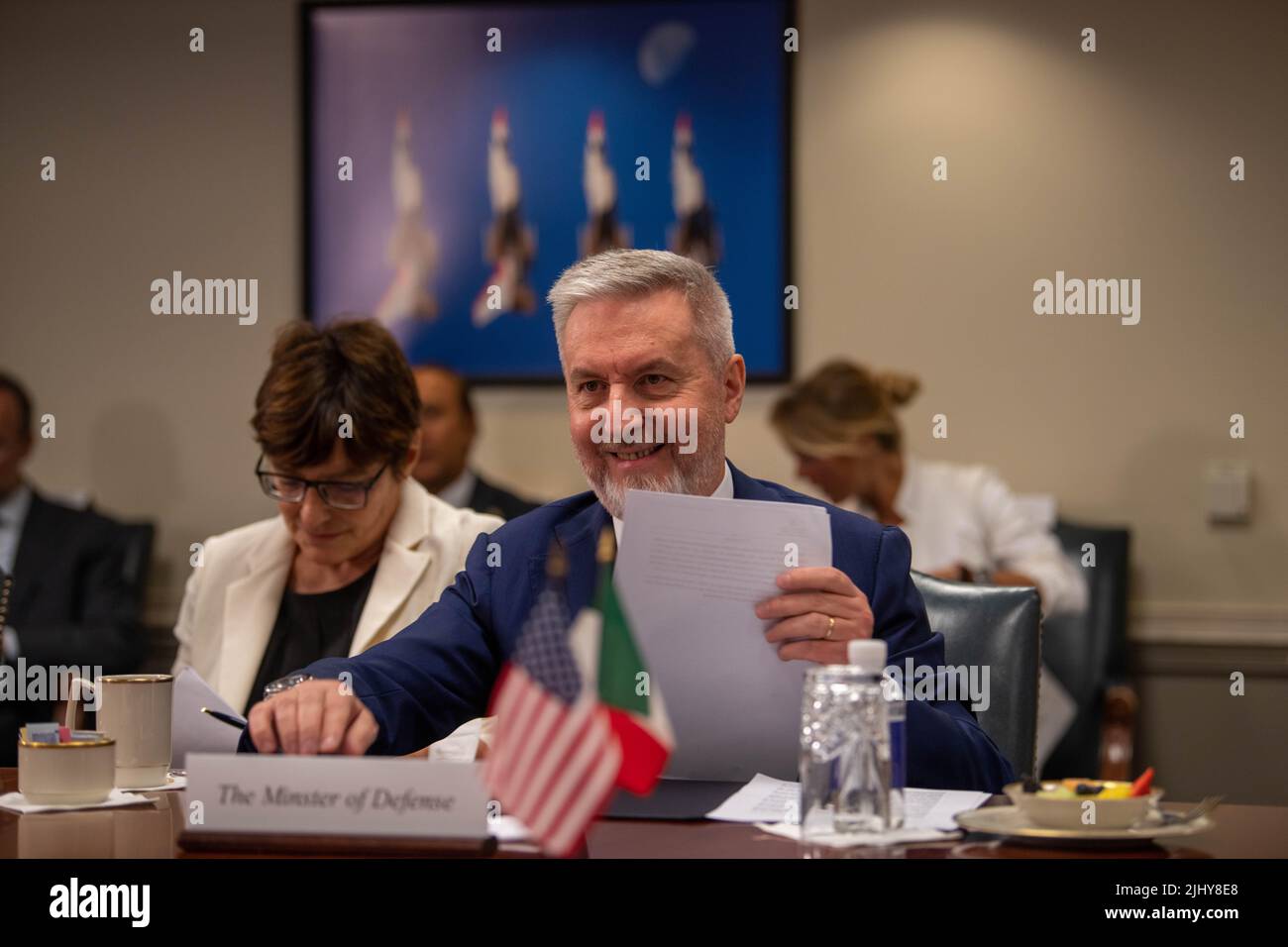 Arlington, United States of America. 14 July, 2022. Italian Minister of Defense Lorenzo Guerini during a face-to-face bilateral meeting hosted by U.S. Secretary of Defense Lloyd J. Austin III, at the Pentagon, July 14, 2022 in Arlington, Virginia.  Credit: MC2 James K Lee/DOD/Alamy Live News Stock Photo