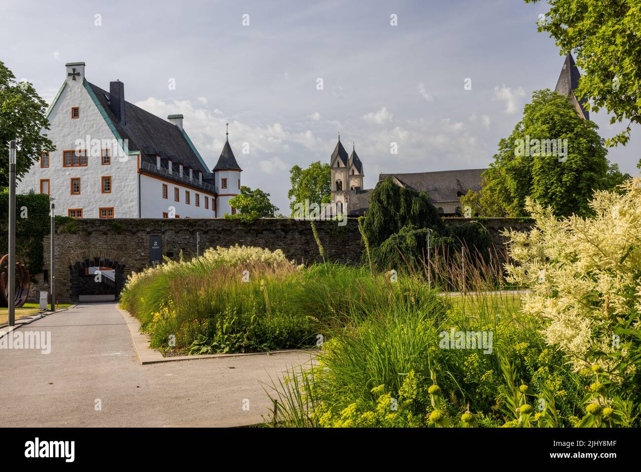 City Wall, Ludwig Museum with Deutschherrenhaus, and Basilica of St. Castor, Koblenz, Germany Stock Photo