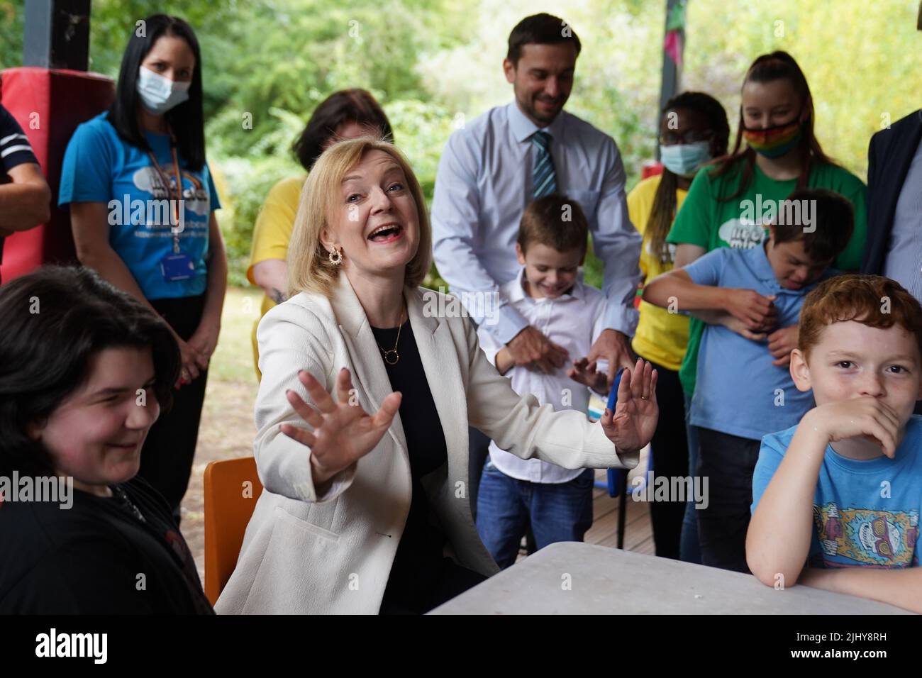 Foreign Secretary and Tory leadership candidate, Liz Truss meeting staff and children during a visit to the charity Little Miracles in Peterborough, to speak about the cost-of-living pressures and her vision to ease the burden on families. Picture date: Thursday July 21, 2022. Stock Photo