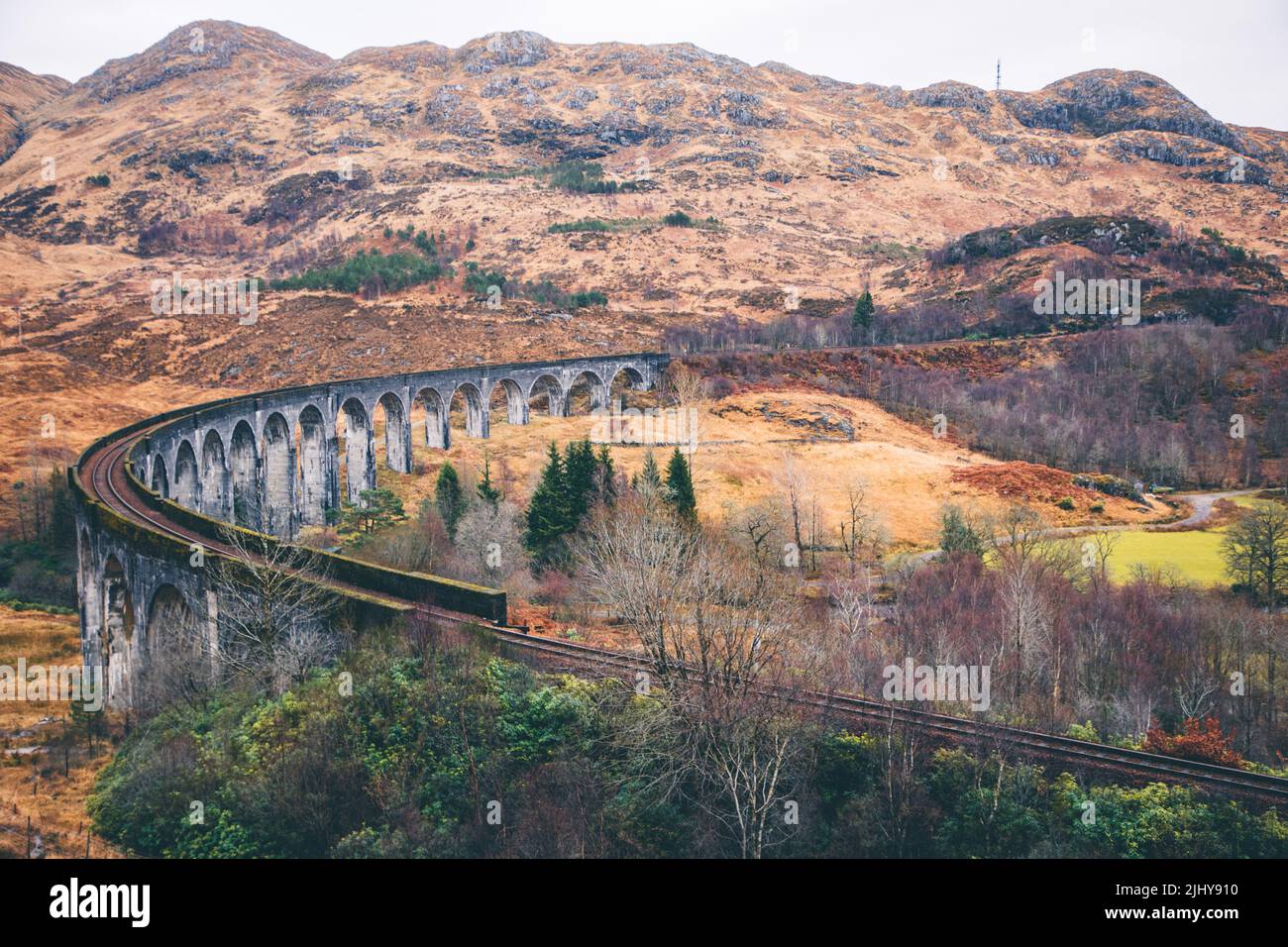 An aerial view of Glenfinnan Viaduct, the Harry Potter Train Bridge at