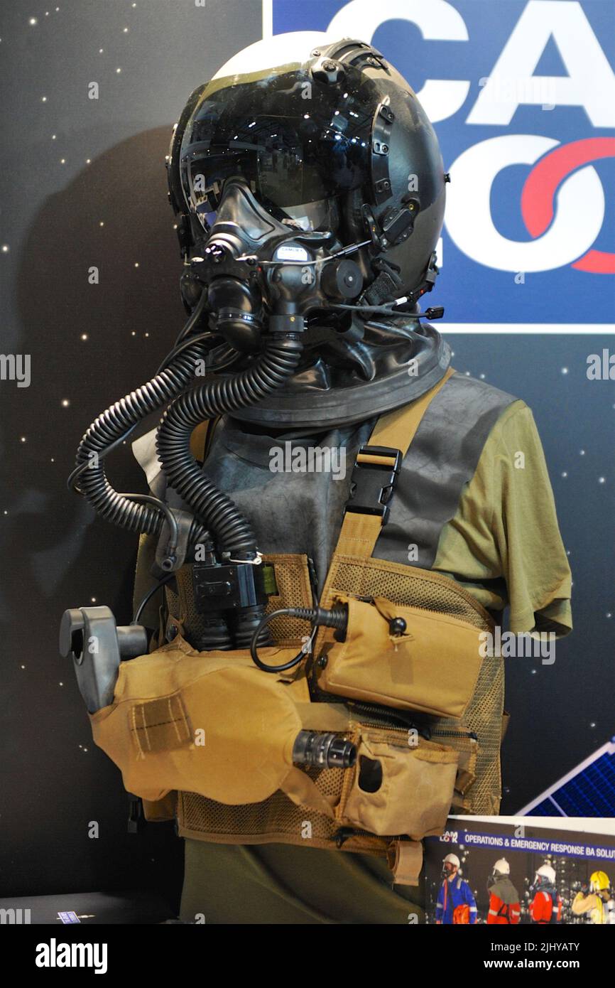 A JSAM-TA CBRN aircrew respirator on display in the trade pavilions on day four of the Farnborough International Airshow (FIA) which is taking place in Farnborough, Hampshire, UK.  The air show, a biannual showcase for the aviation industry, is the biggest of its kind and attracts civil and military buyers from all over the world. trade visitors are normally in excess of 100,000 people. The trade side of the show is followed by a weekend of air displays aimed at the general public.  A huge amount of business is done at the show and the last show in 2018 saw US$192 billion worth of business dea Stock Photo