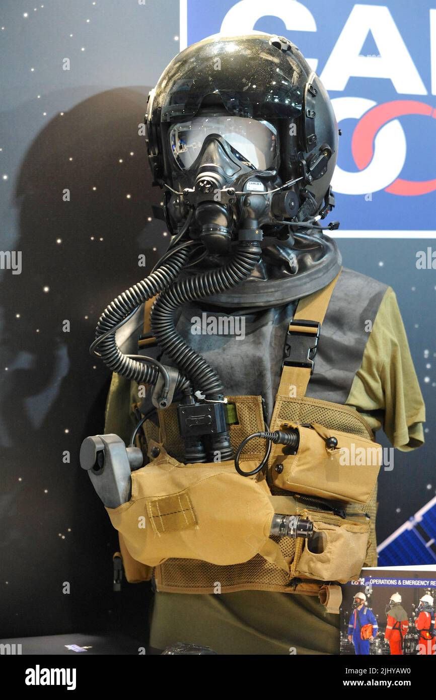 A JSAM-TA CBRN aircrew respirator on display in the trade pavilions on day four of the Farnborough International Airshow (FIA) which is taking place in Farnborough, Hampshire, UK.  The air show, a biannual showcase for the aviation industry, is the biggest of its kind and attracts civil and military buyers from all over the world. trade visitors are normally in excess of 100,000 people. The trade side of the show is followed by a weekend of air displays aimed at the general public.  A huge amount of business is done at the show and the last show in 2018 saw US$192 billion worth of business dea Stock Photo