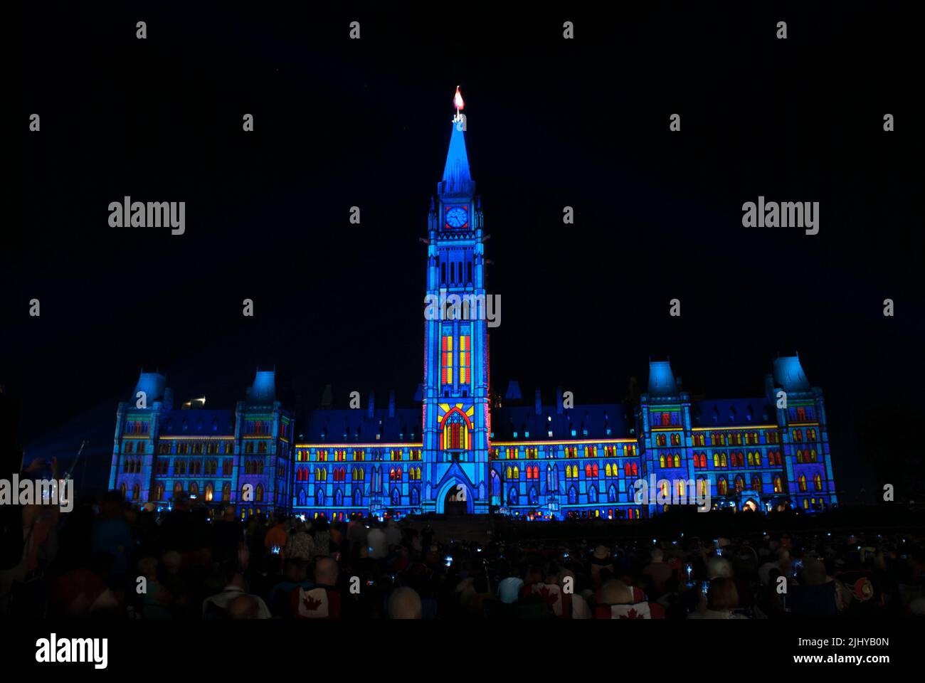 Northern Lights a beautiful show presented by Canadian Heritage with colourful visuals  projected on the Peace Tower in Parliament Hill Stock Photo