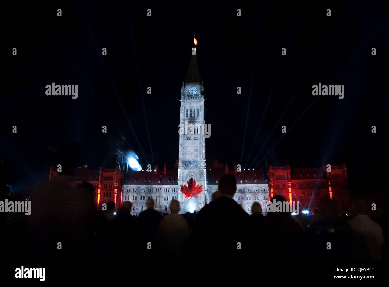 Northern Lights a beautiful show presented by Canadian Heritage with colourful visuals  projected on the Peace Tower in Parliament Hill Stock Photo