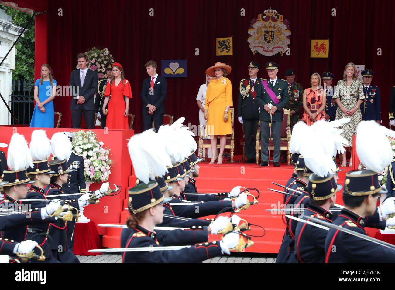 Princess Eleonore, Prince Gabriel, Crown Princess Elisabeth, Prince Emmanuel, Queen Mathilde of Belgium, King Philippe - Filip of Belgium, Defence minister Ludivine Dedonder and Interior Minister Annelies Verlinden pictured during the military and civilian parade on the Belgian National Day, in Brussels, Thursday 21 July 2022. BELGA PHOTO NICOLAS MAETERLINCK Credit: Belga News Agency/Alamy Live News Stock Photo