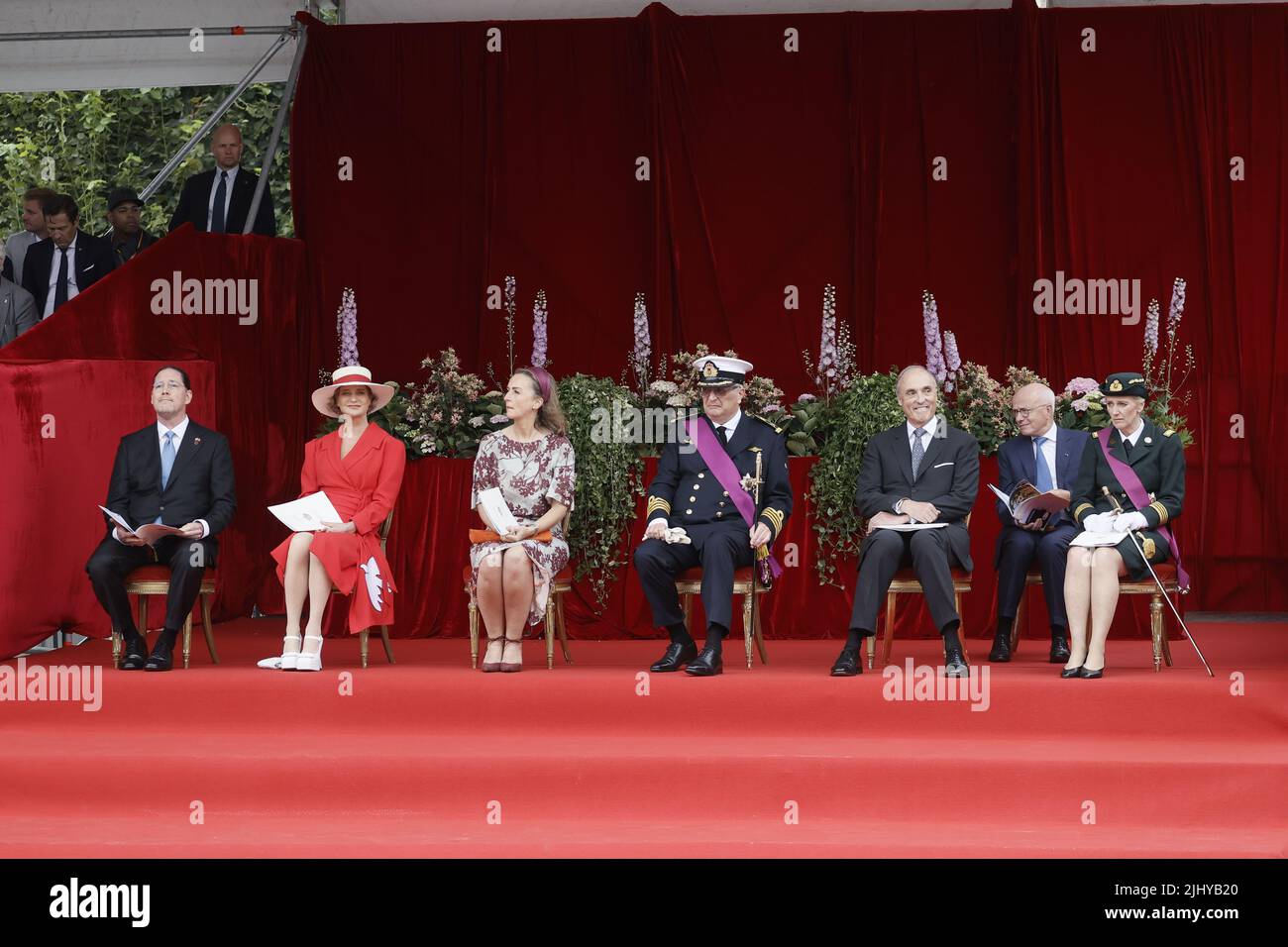 Belgian Prince Laurent (L) is pictured with Princess Claire (R) and her  daughter Princess Louise on the podium during the military parade on the  occasion of Belgium?s National Day in Brussels, Belgium