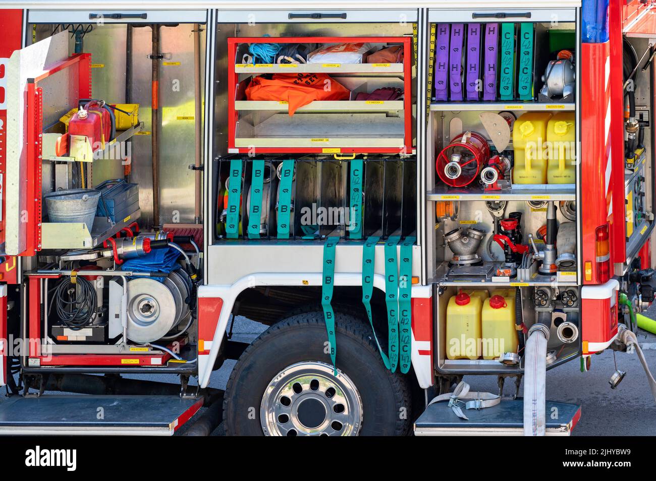 equipment of a fire extinguishing tanker of a fire department in Austria Stock Photo