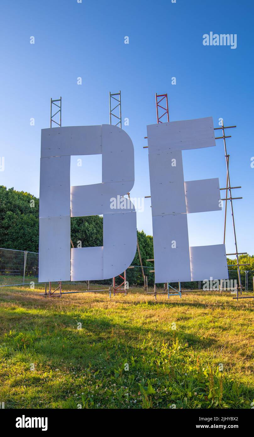 Dundee, UK. 20 July 2022. A giant ‘Beanotown’ sign installed on Dundee Law for the Summer (Bash) Streets Festival. Dundee is home to the Beano comic. Stock Photo