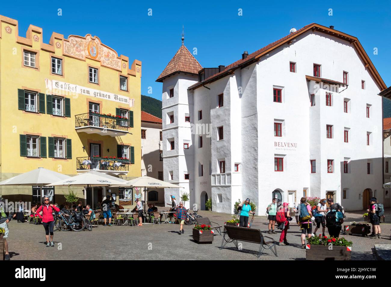 Lively atmosphere in the historic center of Glurns/ Glorenza, Trentino-Alto Adige, South Tyrol, Italy. Stock Photo