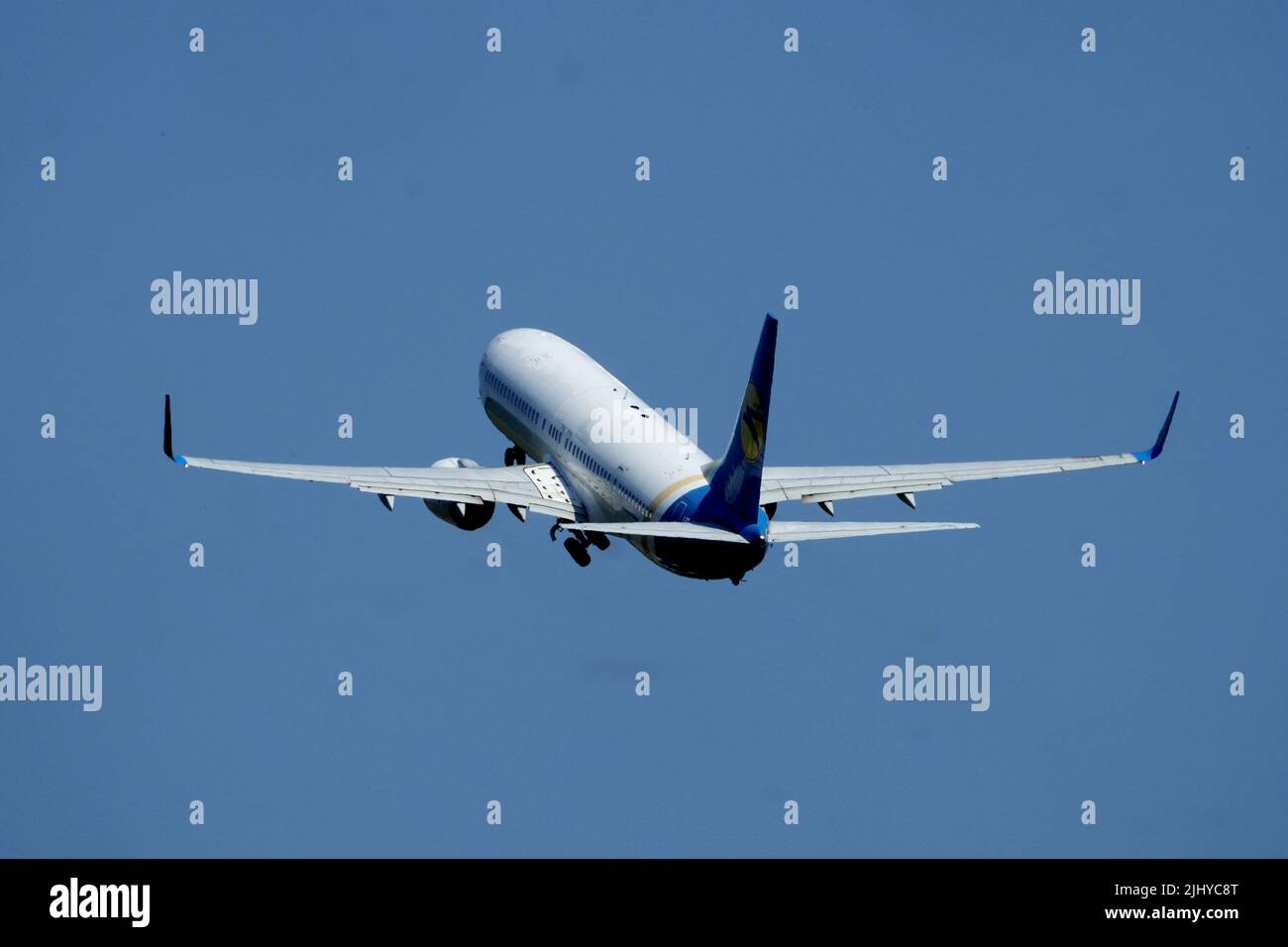 Ukraine International Airlines aircraft Boeing 737-9KV takes off from Riga International Airport, Latvia July 21, 2022. REUTERS/Ints Kalnins Stock Photo