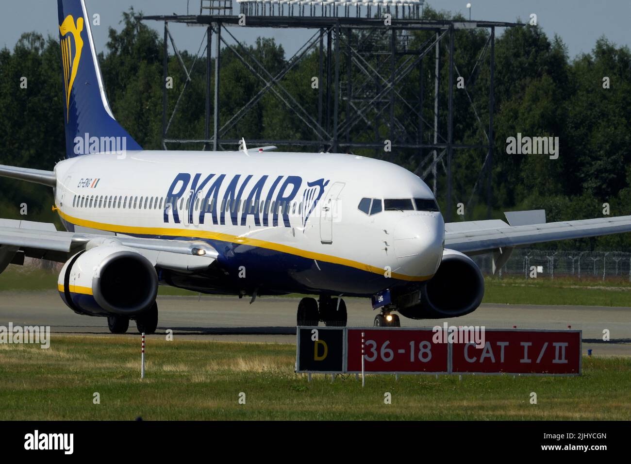 Ryanair aircraft Boeing 737-8AS lands at Riga International Airport, Latvia July 21, 2022. REUTERS/Ints Kalnins Stock Photo