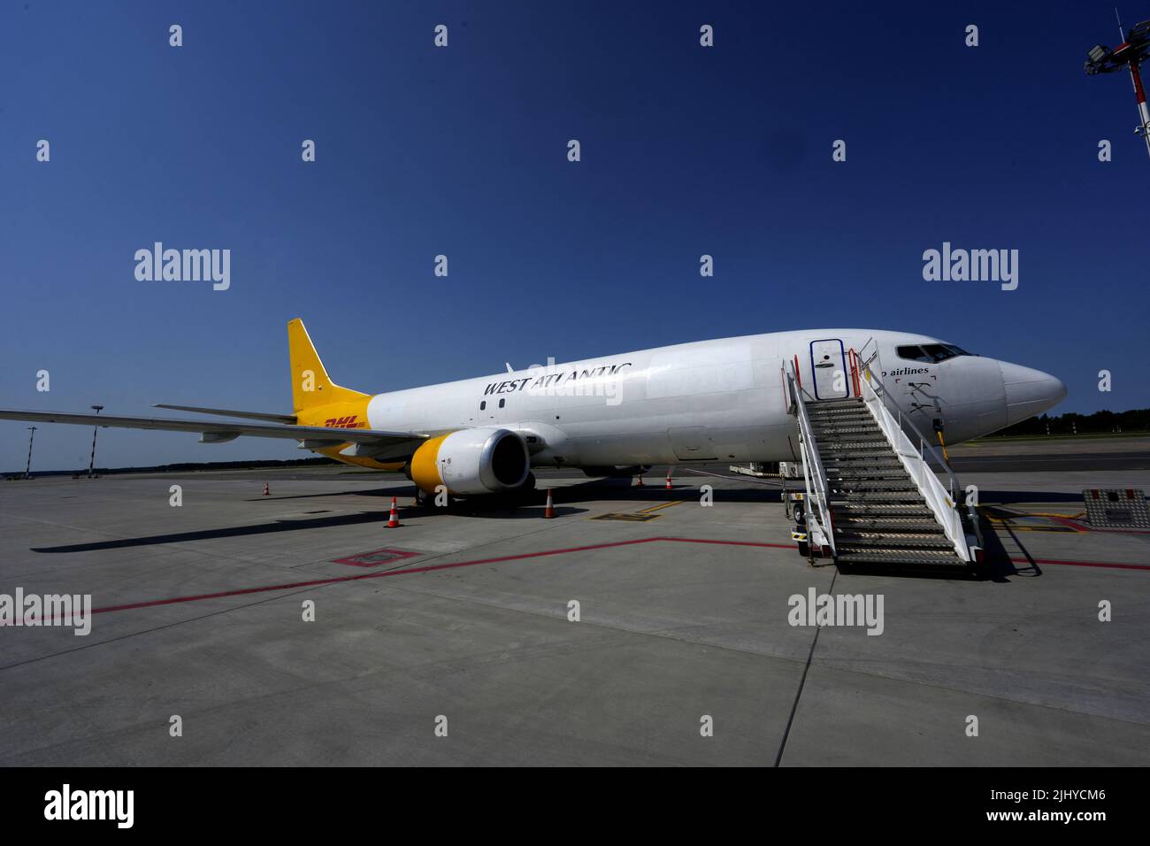 A view of DHL aircraft Boeing 737-4Q8 operated by Swiftair at Riga International Airport, Latvia July 21, 2022. REUTERS/Ints Kalnins Stock Photo