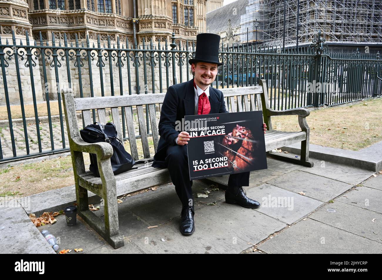 21st July 2022. London, UK. Activists from the Humane League called on the Government to "Make Cages History!" 200 years have passed since the UK's first animal welfare law and yet laying hens remain in cages. Credit: michael melia/Alamy Live News Stock Photo