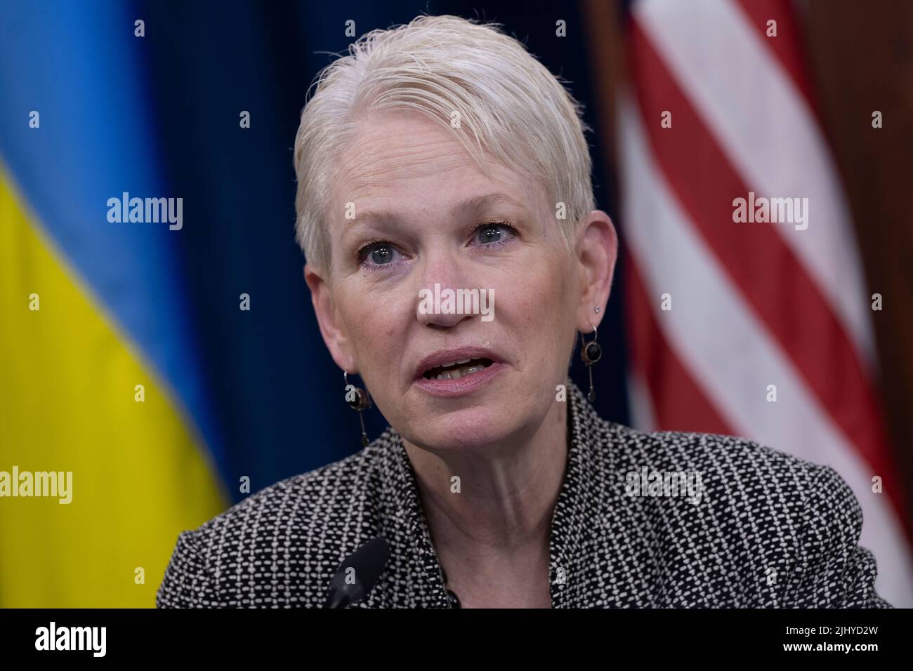Arlington, United States Of America. 20th July, 2022. Arlington, United States of America. 20 July, 2022. Celeste Wallander, Assistant Secretary of Defense for International Security Affairs remarks during a virtual meeting of the Ukraine Defense Contact Group from the Pentagon, July 20, 2022 in Arlington, Virginia. Credit: Chad J. McNeeley/DOD/Alamy Live News Stock Photo