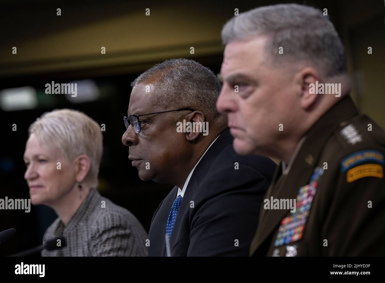 Arlington, United States Of America. 20th July, 2022. Arlington, United States of America. 20 July, 2022. U.S. Secretary of Defense Lloyd Austin, center, alongside Chairman of the Joint Chiefs of Staff, Gen. Mark A. Milley, right, and Celeste Wallander, Assistant Secretary of Defense for International Security Affairs, left, during a virtual meeting of the Ukraine Defense Contact Group from the Pentagon, July 20, 2022 in Arlington, Virginia. Credit: Chad J. McNeeley/DOD/Alamy Live News Stock Photo