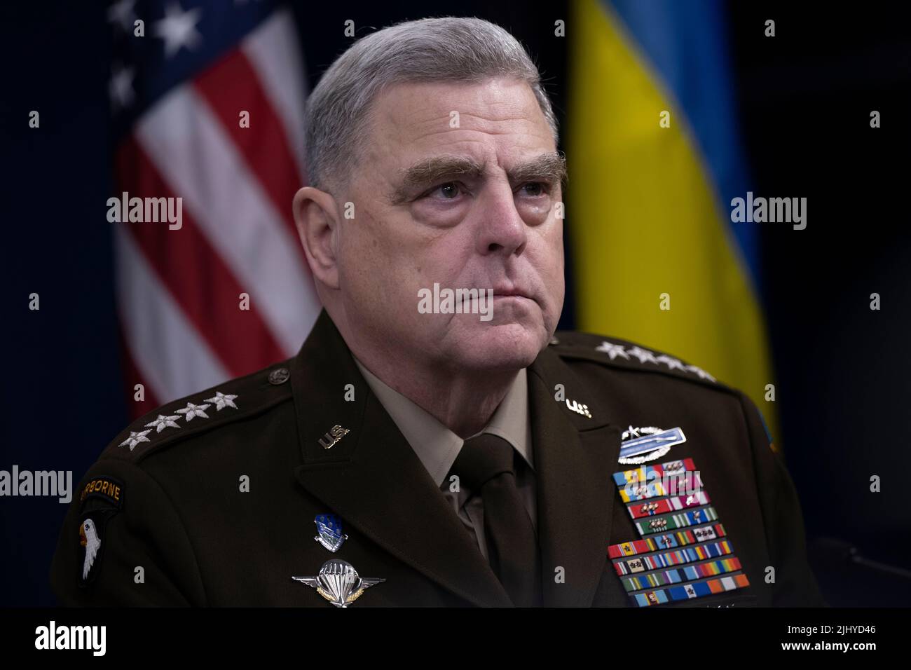 Arlington, United States Of America. 20th July, 2022. Arlington, United States of America. 20 July, 2022. U.S. Chairman of the Joint Chiefs of Staff, Gen. Mark A. Milley during a virtual meeting of the Ukraine Defense Contact Group from the Pentagon, July 20, 2022 in Arlington, Virginia. Credit: Chad J. McNeeley/DOD/Alamy Live News Stock Photo