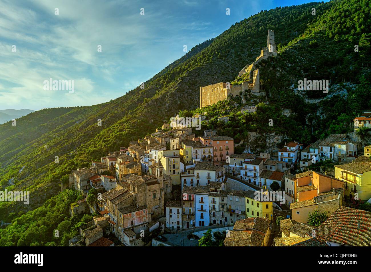 Aerial view of the medieval village of Roccacasale. The De Santis castle dominates the small town and the valley below. Roccacasale,Abruzzo Stock Photo