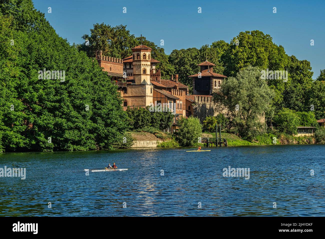 Parco del Valentino, a medieval village on the banks of the river Po built on the occasion of the Italian General Exposition of 1884 in Turin.Piedmont Stock Photo