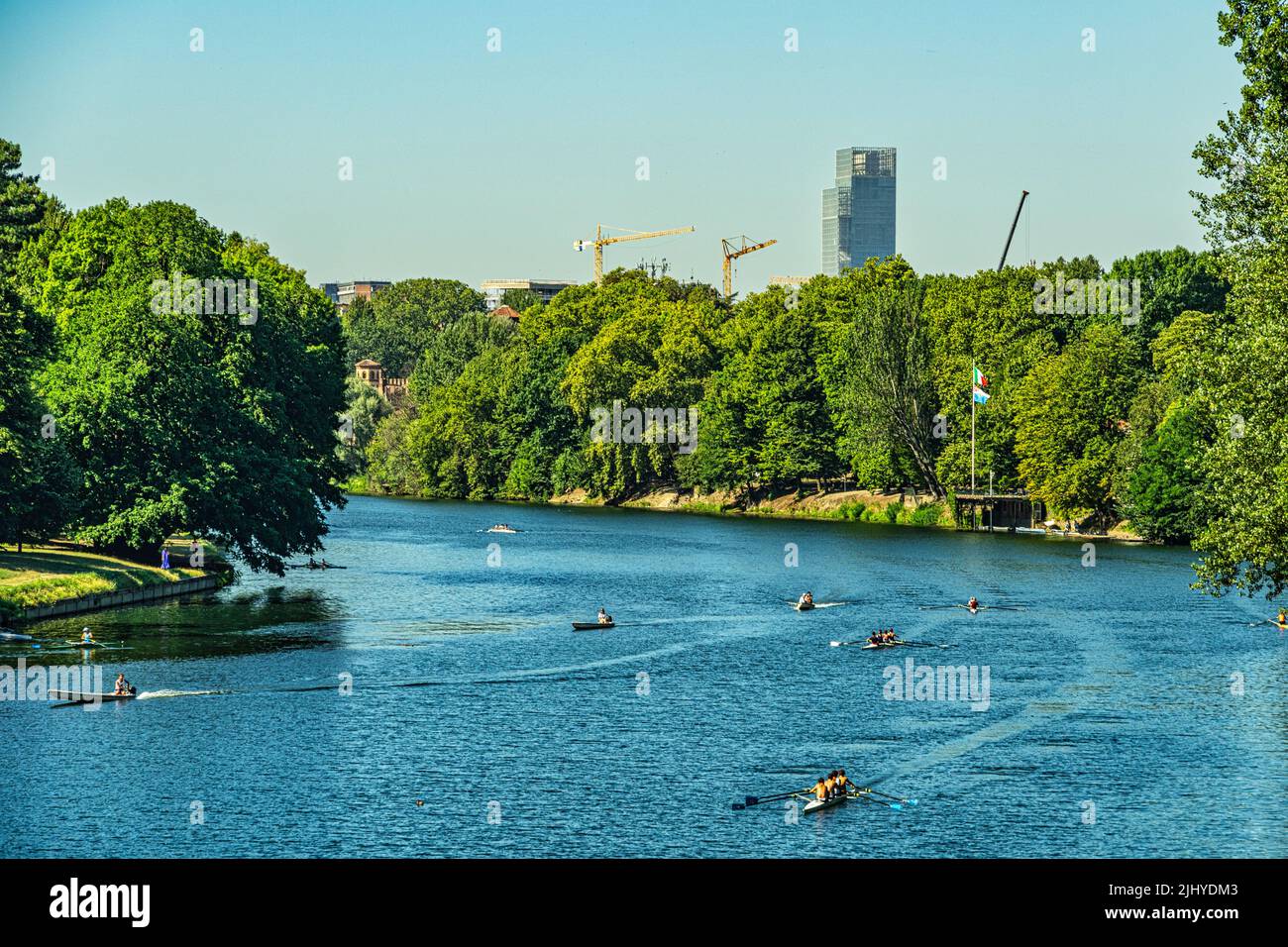 Rowing sports on the Po river in the early summer morning, with the Intesa Sanpaolo skyscraper in the background. Turin,Turin province,Piedmont,Italy Stock Photo