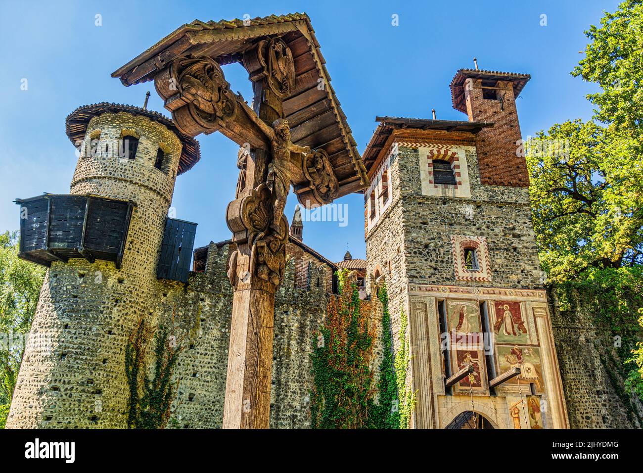 Entrance of the Medieval Village in the Valentino Park, with wooden crucifix. Turin, Turin province, Piedmont, Italy, Europe Stock Photo