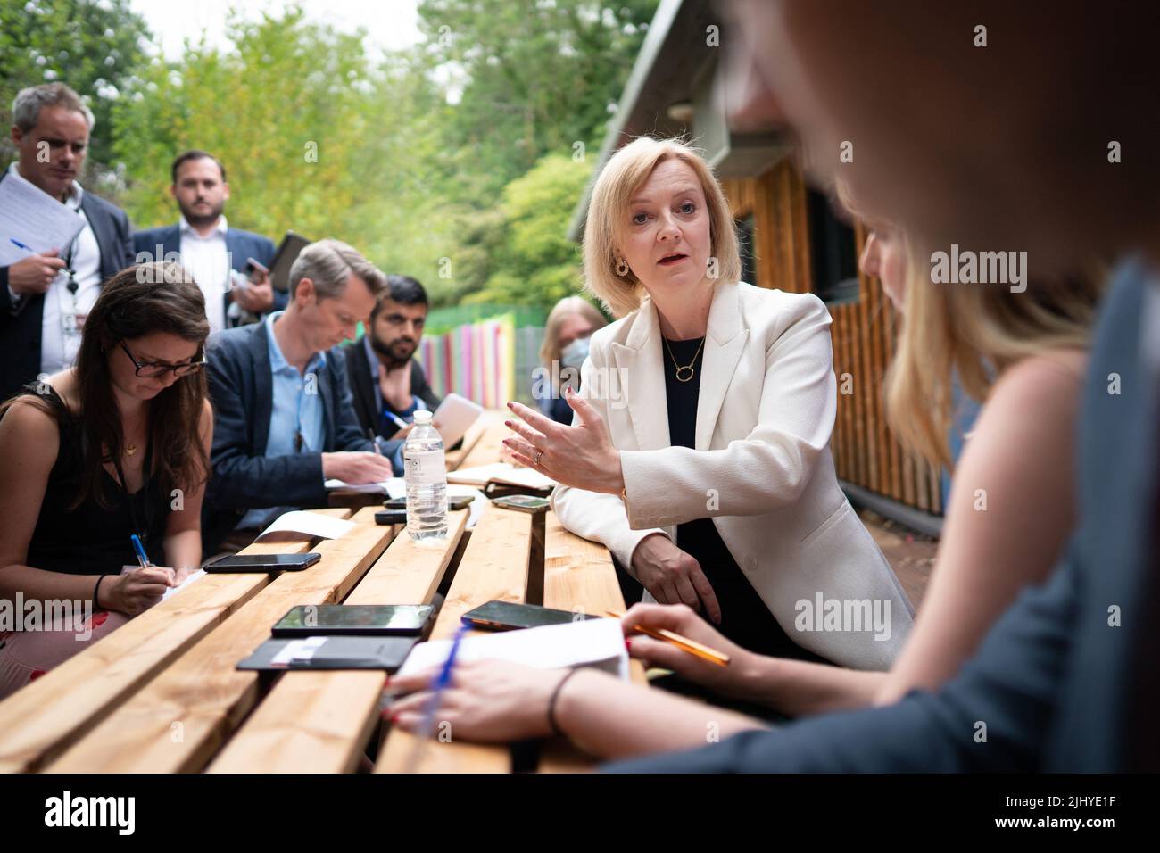 Foreign Secretary and Tory leadership candidate, Liz Truss speaks to the press during a visit to the children's charity, Little Miracles in Peterborough, to speak about the cost-of-living pressures and her vision to ease the burden on families. Picture date: Thursday July 21, 2022. Stock Photo