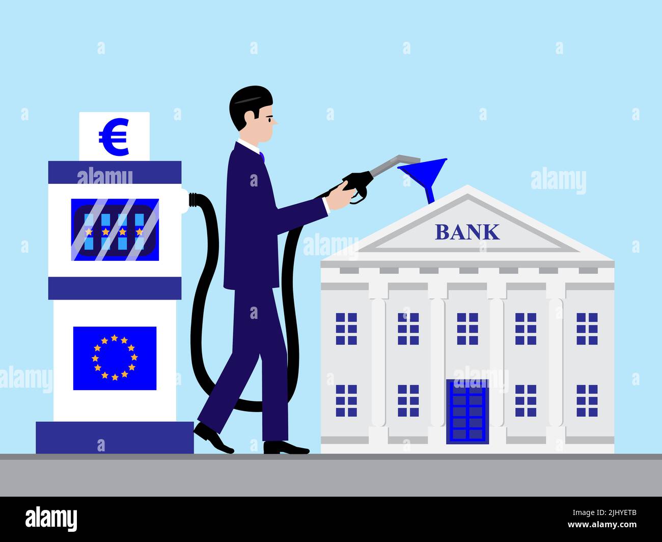 A business man topping up a Bank using a petrol pump with a Euro flag and symbol. Stock Photo
