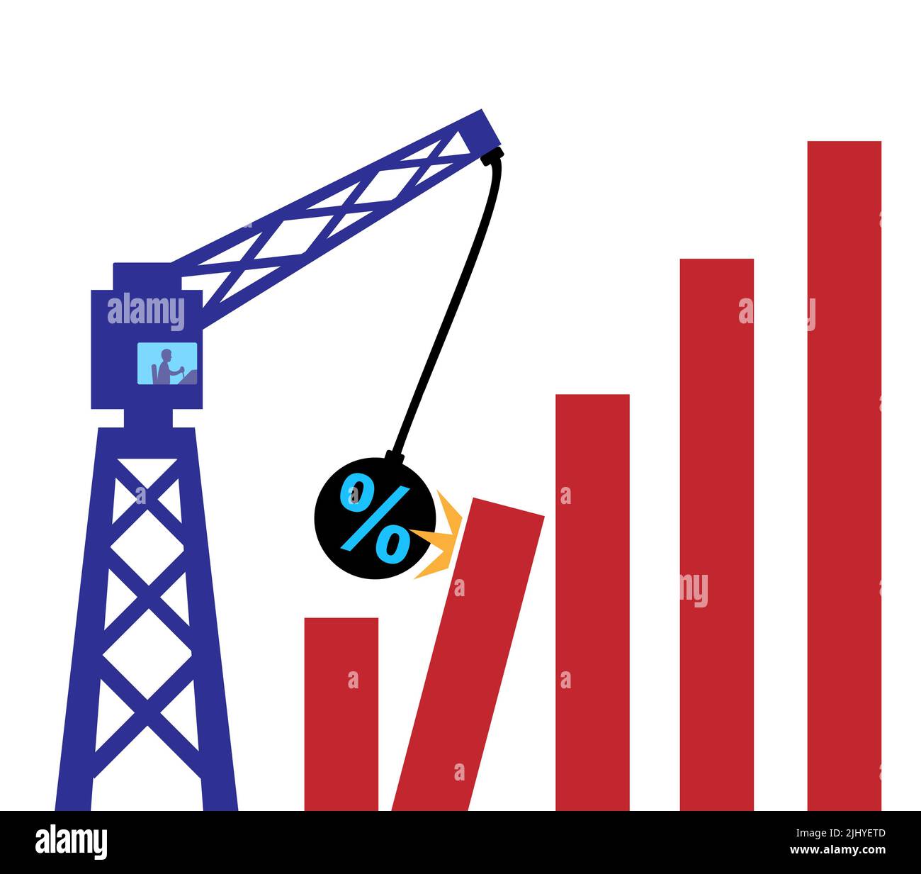 A metaphor using a wrecking ball with a percentage symbol crashing into a bar chart to illustrate the impact of interest rates on global growth. Stock Photo