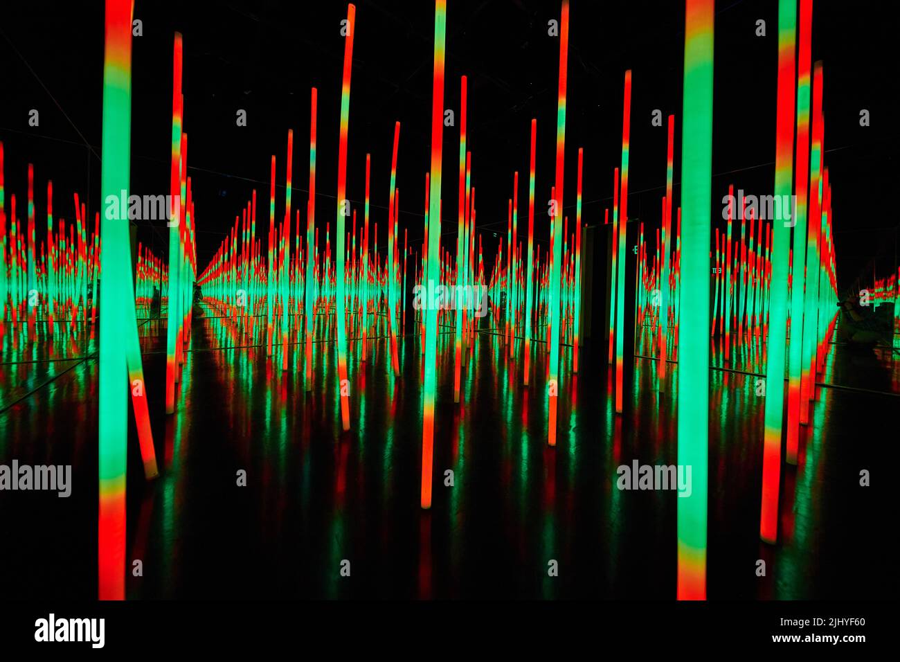 Green and red LED lights in infinity mirror room Stock Photo Alamy